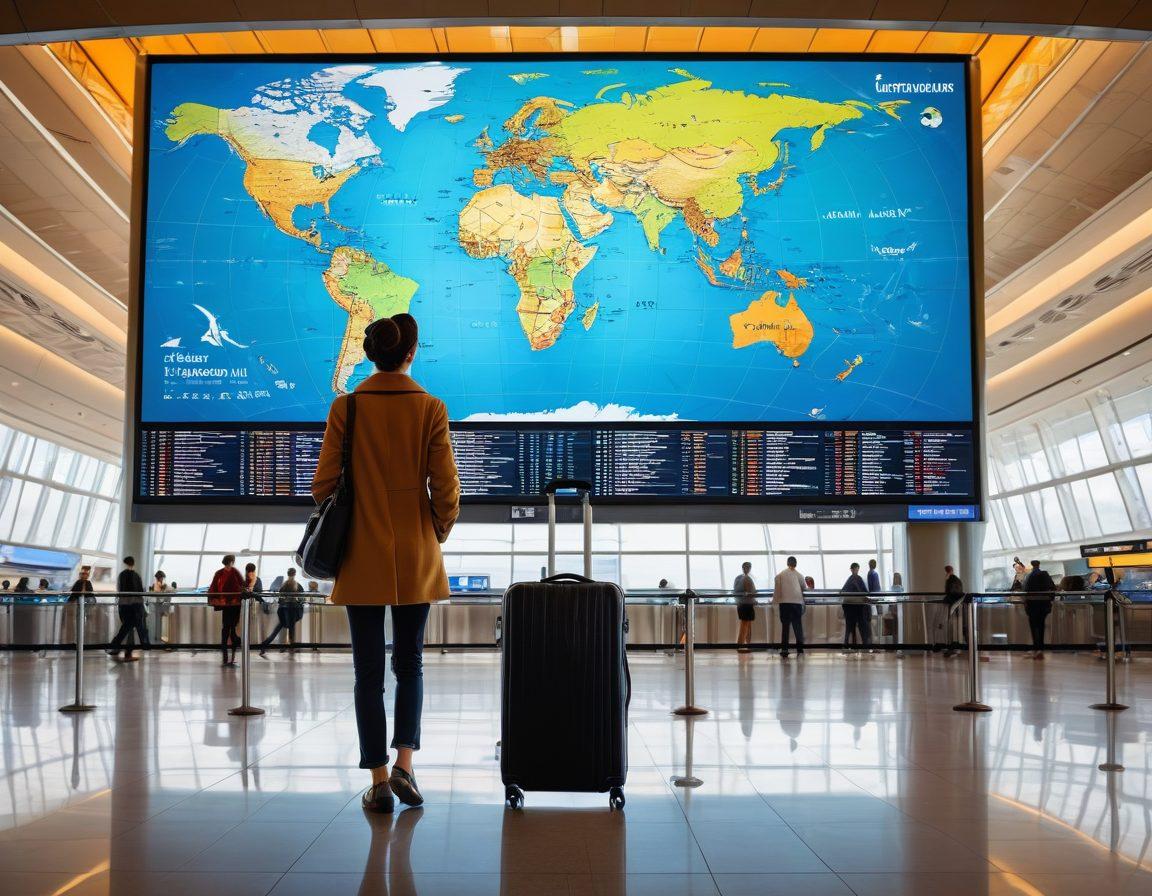 A stylishly dressed traveler standing in an airport terminal, viewing a world map displayed on a digital screen in the background. Various airplanes taking off in the distance, symbolizing adventure and exploration. Incorporate a blend of exotic destinations like Paris, Tokyo, and New York in floating icons around the traveler. The scene should exude a sense of wanderlust and excitement. vibrant colors. super-realistic. dynamic composition.