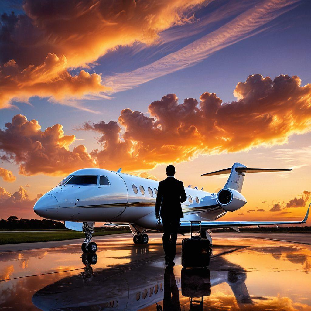A luxury private jet soaring through soft, fluffy clouds under a vivid sky at sunset, symbolizing travel freedom. Include silhouette of a relaxed jetsetter sipping champagne in the foreground, with luggage subtly placed beside them. The clouds should have a dreamlike quality, inviting viewers to feel the thrill of adventure. super-realistic. vibrant colors. dreamy atmosphere.