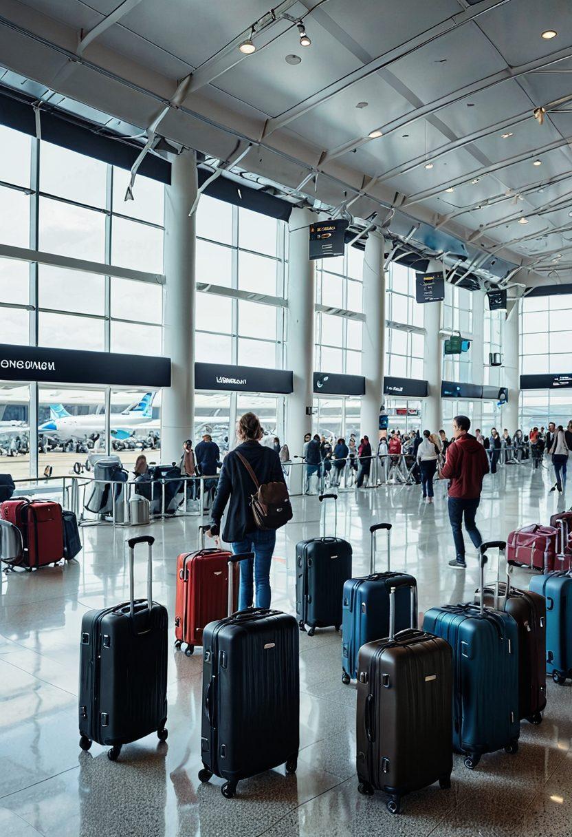 A dynamic scene depicting a diverse group of travelers in an airport, each using smart technology like mobile apps and tablets to enhance their journey. Include futuristic luggage with built-in tracking, digital kiosks, and a bright, airy terminal filled with natural light. In the background, showcase planes ready for takeoff. warm colors. vibrant and inviting. super-realistic.